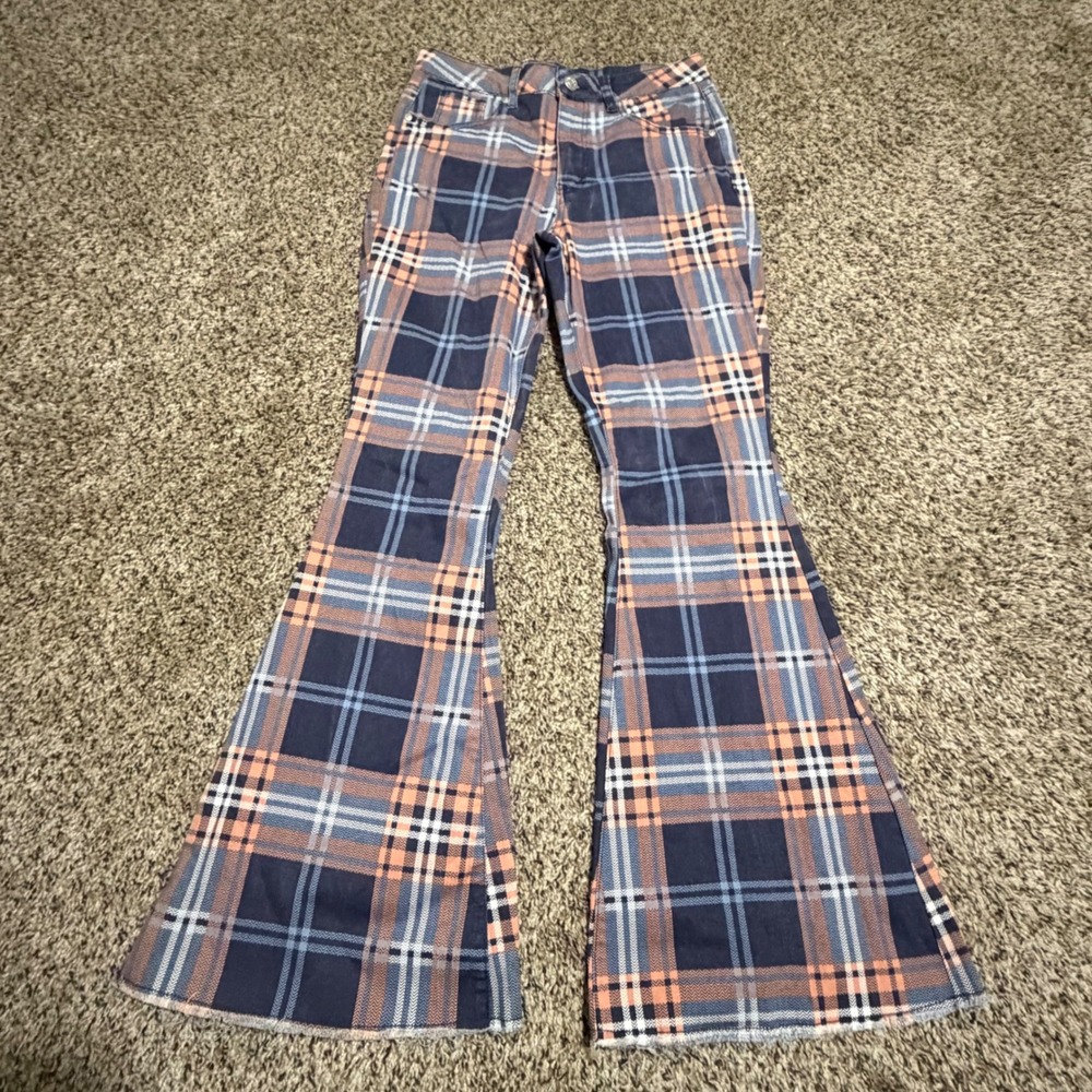Madden Girl Womens Plaid Flare Jeans Navy Orange Bell Bottom Raw Hem Size 28